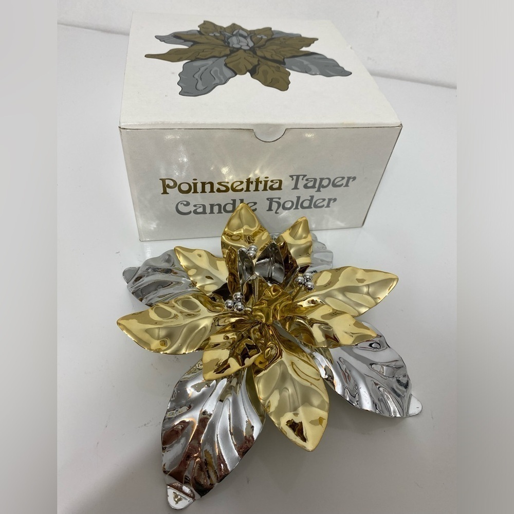 Dept 56 Christmas Poinsettia Taper Gold Silver Metal Candle Holder‎ 8016-0